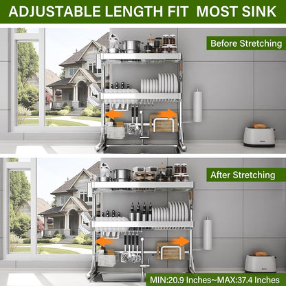 Over The Sink Dish Drainer Drying Rack 3 Tier, Full Stainless Steel Dish Drying Rack Adjustable Length 20.9''-37.4'', Kitchen Sink Shelf, Organized Space-Saving Dish Rack