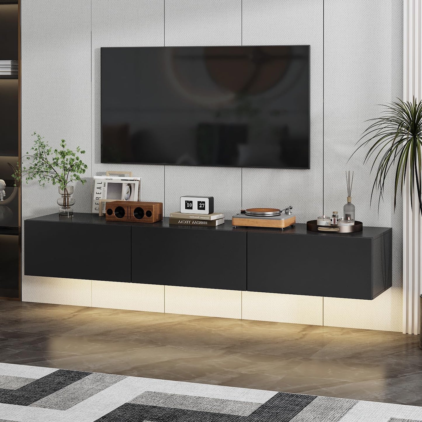 63” Floating TV Stand High Gloss TV Console with LED Lights, Wall Mount TV Console Table with 3 High Gloss Drawers, Floating Media Console for Living Room, Black, 13.8”D x 63”W x 9.8”H