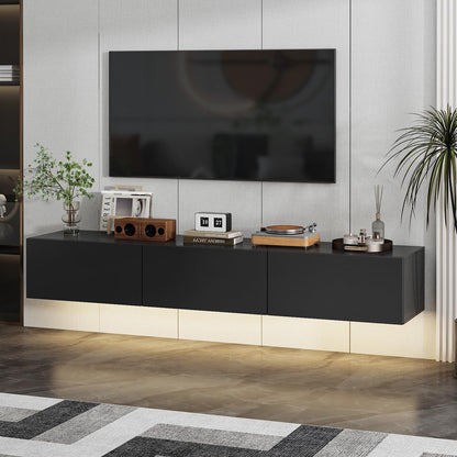63” Floating TV Stand High Gloss TV Console with LED Lights, Wall Mount TV Console Table with 3 High Gloss Drawers, Floating Media Console for Living Room, Black, 13.8”D x 63”W x 9.8”H