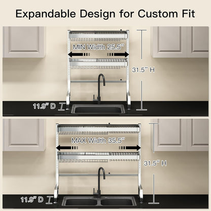 3 Tier Extra Large Stainless Steel Expandable Over The Sink Dish Drainer Drying Rack, Rust Proof Metal, Space Saving, Modern Silver Big Capacity Extendable Plate Strainers Above Kitchen Counter