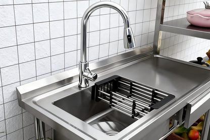 39" Stainless Steel Commercial Kitchen Sink Station with Pull-Down Faucet, Storage Rack, free Standing, wtih one drawer