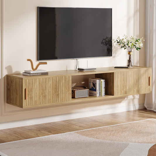 Tribesigns Floating TV Stand Wall Mounted, 71" Floating Entertainment Center with Fluted Sliding Doors, Modern Large Storage TV Shelf Cabinet for Living Room, Bedroom, Oak