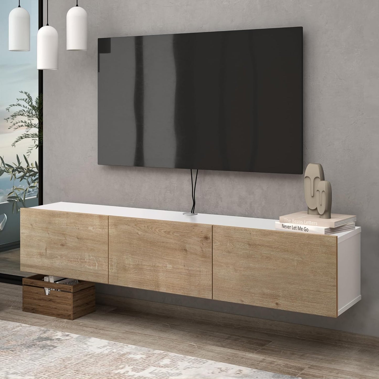 Atelier Mobili White Floating TV Console, Wall Mounted TV Stand for Up to 75 Inch TV, Floating Entertainment Center with Shelf