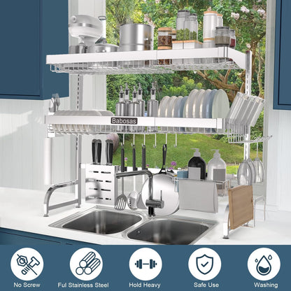 Over The Sink Dish Drying Rack,3 Tier Adjustable Length (25.5'' to 37.4'') Full Stainless Steel Large Storage Kitchen Dish Rack,For Kitchen Counter Expandable Multifunctional Organizers,Silver