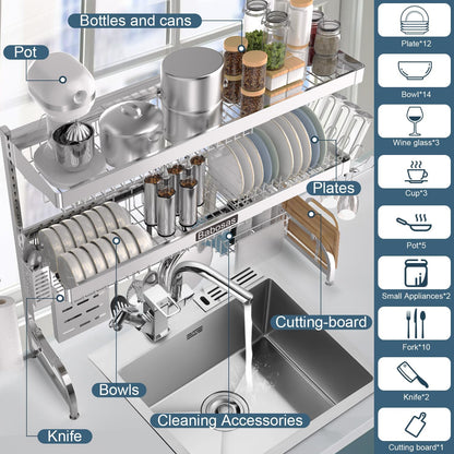 Over The Sink Dish Drying Rack,3 Tier Adjustable Length (25.5'' to 37.4'') Full Stainless Steel Large Storage Kitchen Dish Rack,For Kitchen Counter Expandable Multifunctional Organizers,Silver