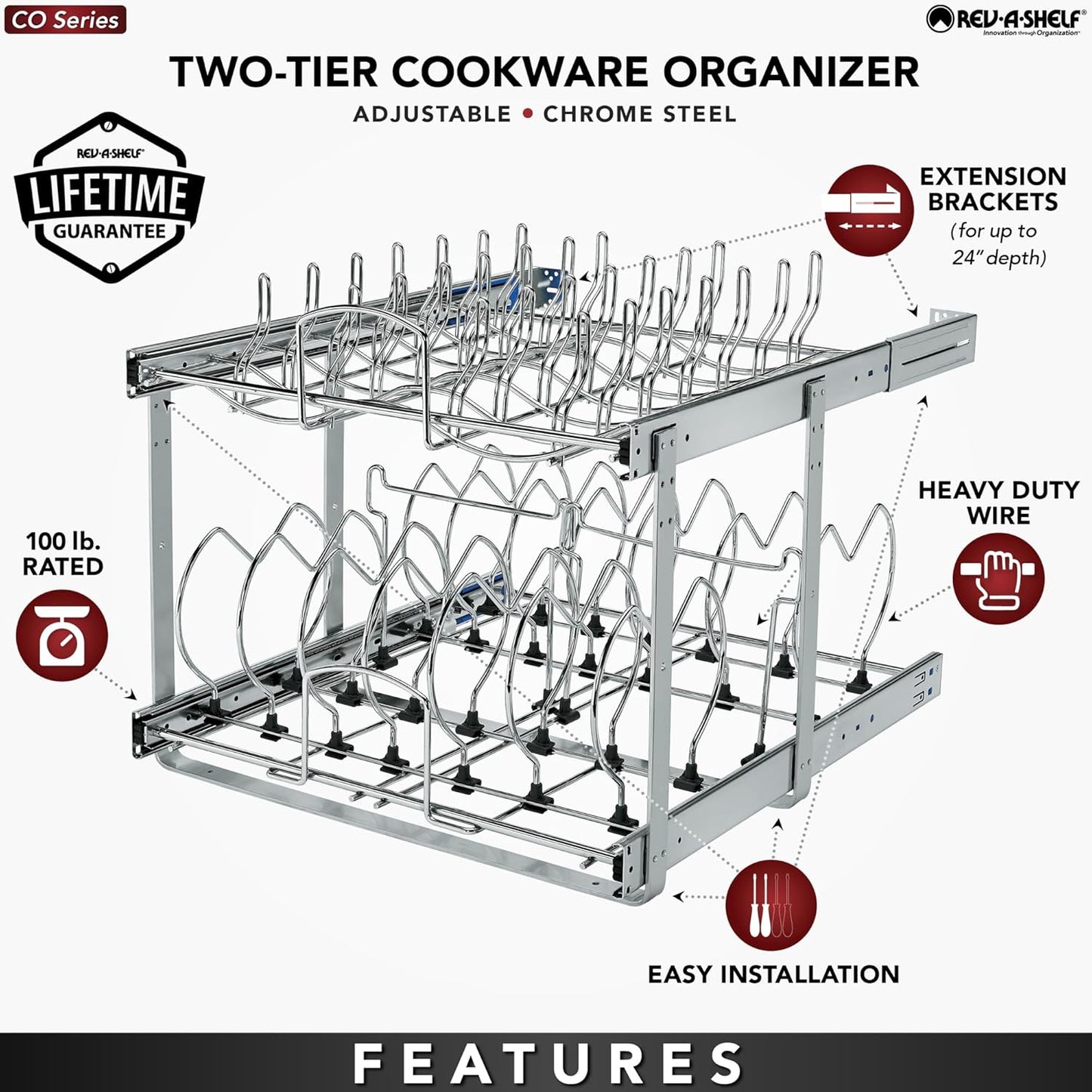 Rev-A-Shelf 2-Tier Kitchen Cabinet Pullout 20.75" Cabinet Organizer for Pots, Pans, and Lid Cookware, Adjustable Heavy Duty Wire, Chrome, 5CW2-2122-CR
