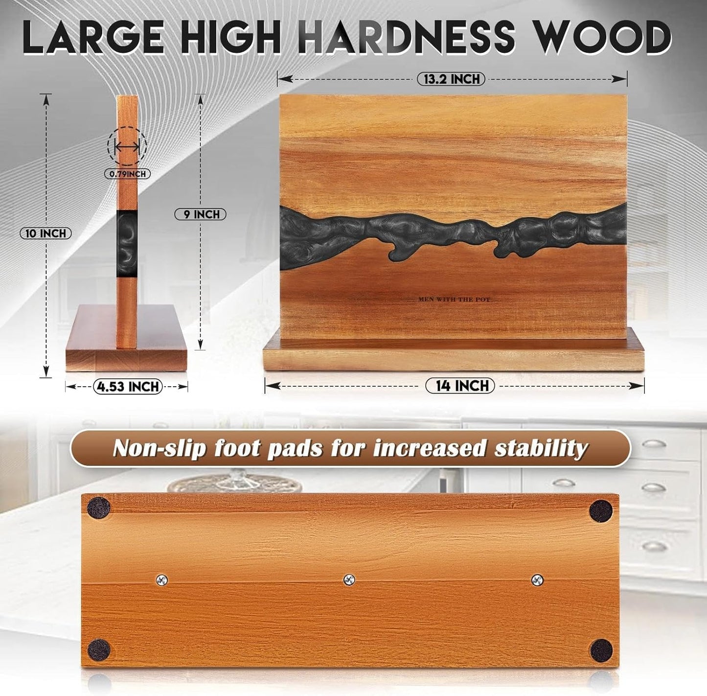 MEN WITH THE POT Magnetic Knife Block Holder Rack, 13 x 10 Inches Wood Magnetic Stands with Strong Double Sided Magnets, Multifunctional Black Epoxy Storage Cooking Knife Holder for Home Kitchen