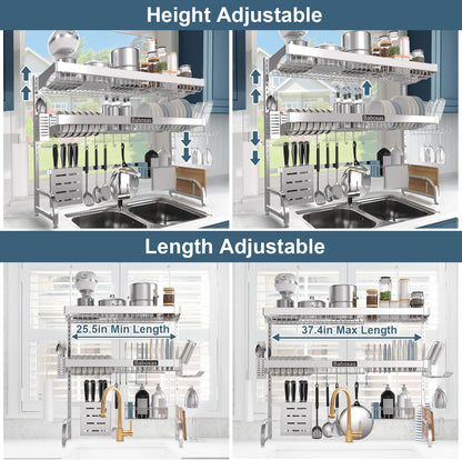 Over The Sink Dish Drying Rack,3 Tier Adjustable Length (25.5'' to 37.4'') Full Stainless Steel Large Storage Kitchen Dish Rack,For Kitchen Counter Expandable Multifunctional Organizers,Silver