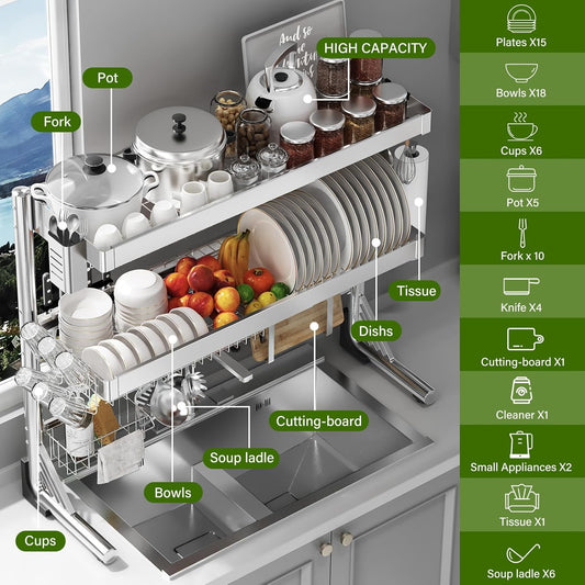 Over The Sink Dish Drainer Drying Rack 3 Tier, Full Stainless Steel Dish Drying Rack Adjustable Length 20.9''-37.4'', Kitchen Sink Shelf, Organized Space-Saving Dish Rack