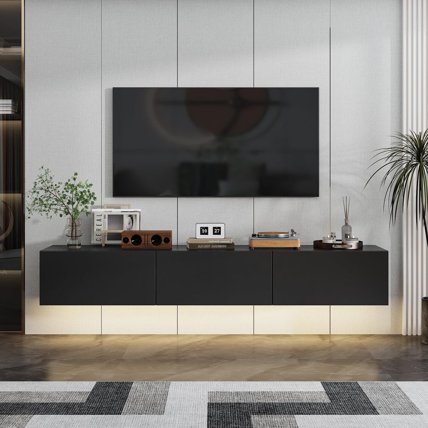 63” Floating TV Stand High Gloss TV Console with LED Lights, Wall Mount TV Console Table with 3 High Gloss Drawers, Floating Media Console for Living Room, Black, 13.8”D x 63”W x 9.8”H