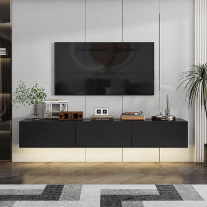 63” Floating TV Stand High Gloss TV Console with LED Lights, Wall Mount TV Console Table with 3 High Gloss Drawers, Floating Media Console for Living Room, Black, 13.8”D x 63”W x 9.8”H