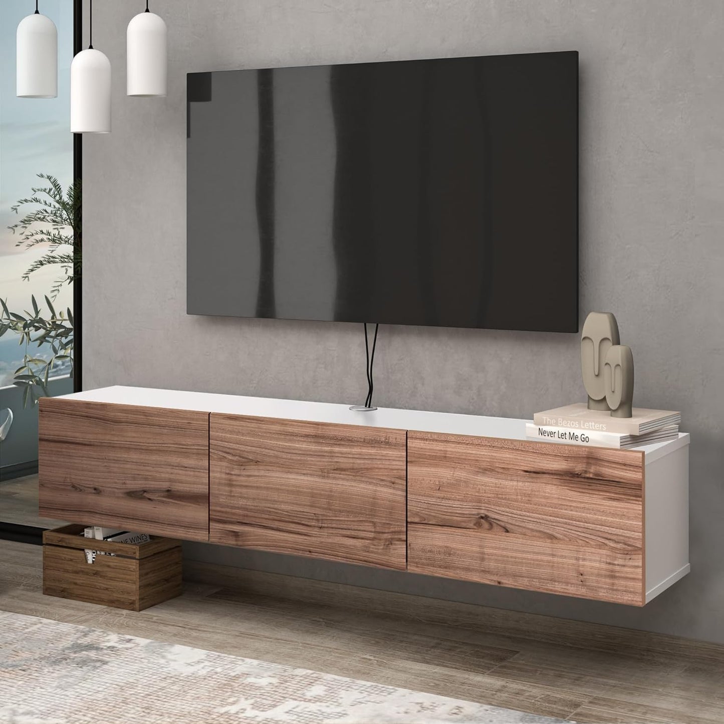 Atelier Mobili White Floating TV Console, Wall Mounted TV Stand for Up to 75 Inch TV, Floating Entertainment Center with Shelf