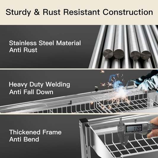 3 Tier Extra Large Stainless Steel Expandable Over The Sink Dish Drainer Drying Rack, Rust Proof Metal, Space Saving, Modern Silver Big Capacity Extendable Plate Strainers Above Kitchen Counter