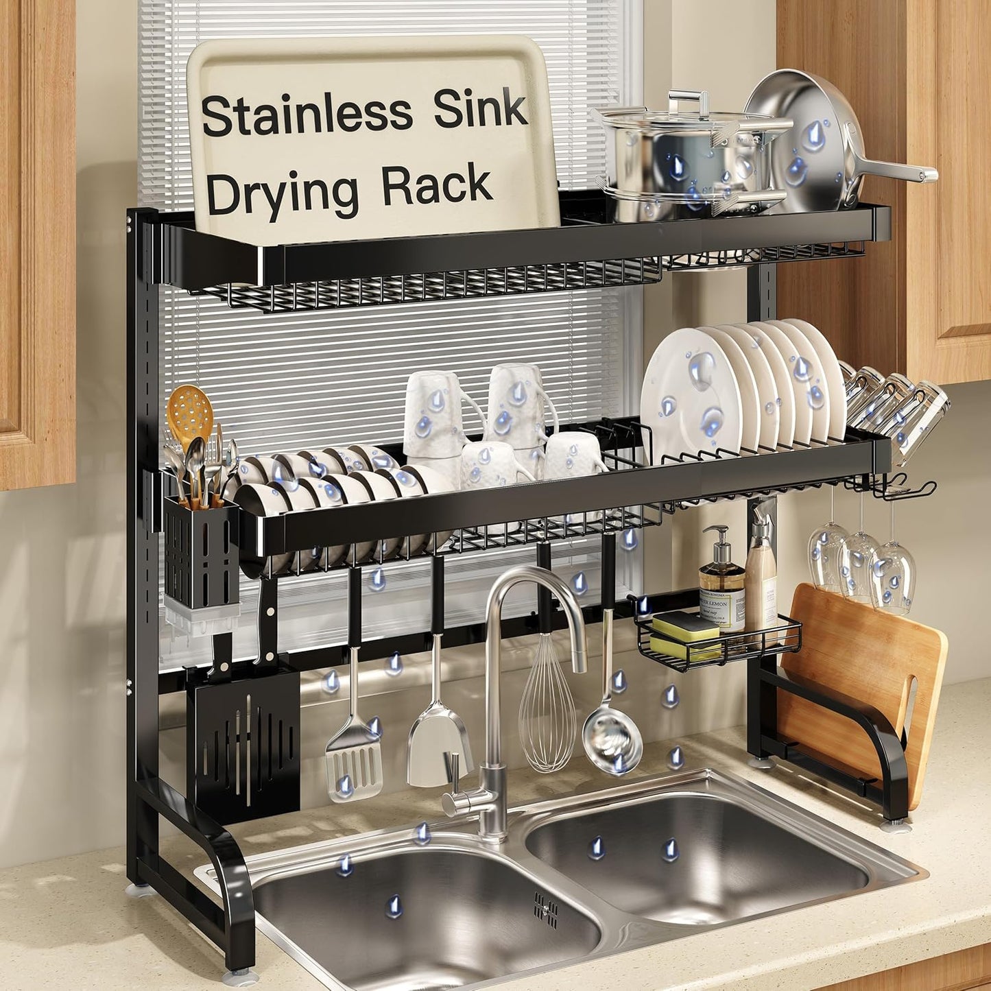 3 Tier Extra Large Stainless Steel Expandable Over The Sink Dish Drainer Drying Rack, Rust Proof Metal, Space Saving, Modern Silver Big Capacity Extendable Plate Strainers Above Kitchen Counter