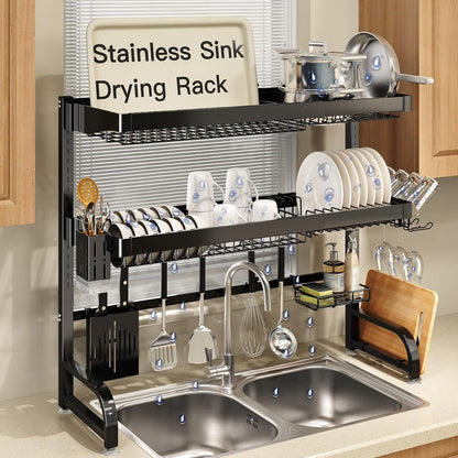 3 Tier Extra Large Stainless Steel Expandable Over The Sink Dish Drainer Drying Rack, Rust Proof Metal, Space Saving, Modern Silver Big Capacity Extendable Plate Strainers Above Kitchen Counter
